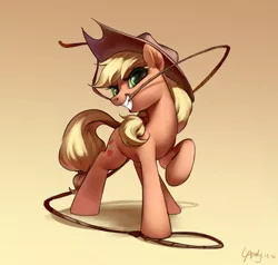 Size: 2480x2357 | Tagged: safe, artist:luciferamon, derpibooru import, applejack, earth pony, pony, brown background, cowboy hat, female, gradient background, hat, lasso, looking at you, mare, mouth hold, raised hoof, rope, shadow, signature, smiling, solo