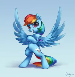 Size: 2275x2337 | Tagged: safe, artist:luciferamon, derpibooru import, rainbow dash, pegasus, pony, bipedal, crossed arms, female, gradient background, looking at you, mare, shadow, signature, smiling, solo, spread wings, wings