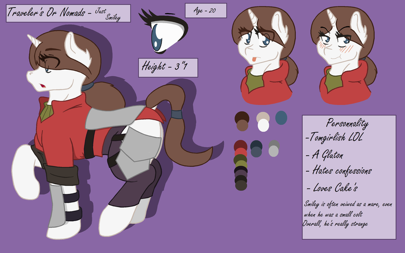 Size: 1280x801 | Tagged: safe, artist:the annoying tac, derpibooru import, oc, oc:smiley, unofficial characters only, unicorn, bio, clothes, male, solo, stallion, trap, travelers or nomads