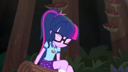 Size: 1280x720 | Tagged: safe, derpibooru import, screencap, sci-twi, twilight sparkle, equestria girls, legend of everfree, camp everfree outfits, eyes closed, glasses, sad, solo