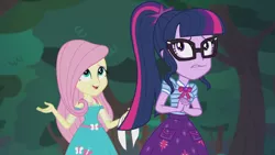 Size: 2208x1242 | Tagged: safe, derpibooru import, screencap, fluttershy, sci-twi, twilight sparkle, butterfly, equestria girls, equestria girls series, stressed in show, stressed in show: fluttershy, bowtie, clothes, cute, geode of fauna, geode of telekinesis, glasses, happy, magical geodes, open mouth, ponytail, scared, skirt, twiabetes
