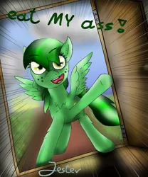 Size: 1000x1200 | Tagged: suggestive, artist:jesterpi, derpibooru import, oc, oc:shining emerald, pegasus, pony, door, green, house, tilting, vulgar, yellow eyes