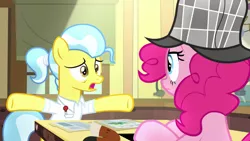 Size: 1280x720 | Tagged: deerstalker, derpibooru import, desk, doctor fauna, hat, pinkie pie, safe, screencap, secrets and pies