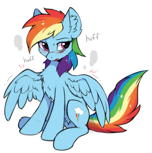 Size: 1212x1222 | Tagged: safe, artist:hioshiru, derpibooru import, rainbow dash, pegasus, pony, blushing, chest fluff, cute, dashabetes, ear fluff, female, fluffy, image, mare, multicolored hair, out of breath, panting, png, simple background, sitting, solo, sore wings, sweat, tired, white background