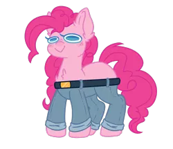 Size: 1258x1080 | Tagged: safe, artist:ruef, derpibooru import, pinkie pie, earth pony, pony, belt, clothes, dog pants, female, mare, missing cutie mark, pants, simple background, solo, transparent background