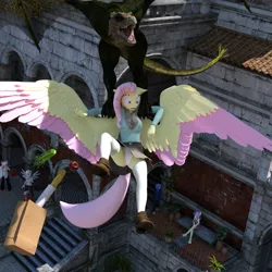 Size: 2000x2000 | Tagged: 3d, anthro, artist:tahublade7, assisted exposure, baguette, bon bon, boots, bread, breasts, caught, clothes, colored wings, daz studio, derpibooru import, derpy hooves, dragon, fluttershy, food, grocery bag, high res, kidnapped, milk, multicolored wings, oc, oc:bacon bits, panties, safe, scared, scarf, shoes, skirt, skirt lift, socks, solo focus, spread wings, sweater, sweatershy, sweetie drops, thigh highs, tomato, two toned wings, underwear, upskirt, white underwear, wings