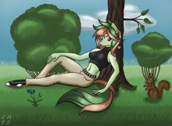 Size: 1280x937 | Tagged: anthro, artist:catdclassic, derpibooru import, flower, oc, oc:melissa gry, safe, solo, squirrel, tree, unofficial characters only
