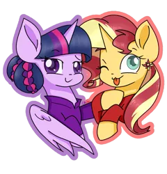 Size: 1153x1200 | Tagged: safe, artist:chautung, derpibooru import, sunset shimmer, twilight sparkle, twilight sparkle (alicorn), alicorn, alternate costumes, alternate hairstyle, cute, female, lesbian, looking at you, one eye closed, shimmerbetes, shipping, simple background, smiling, sunsetsparkle, tongue out, transparent background, twiabetes, wink