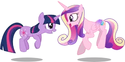 Size: 5996x3001 | Tagged: safe, artist:cloudyglow, derpibooru import, edit, editor:slayerbvc, vector edit, princess cadance, twilight sparkle, alicorn, pony, unicorn, accessory-less edit, barehoof, duo, female, high res, mare, missing accessory, simple background, sunshine sunshine, transparent background, unicorn twilight, vector