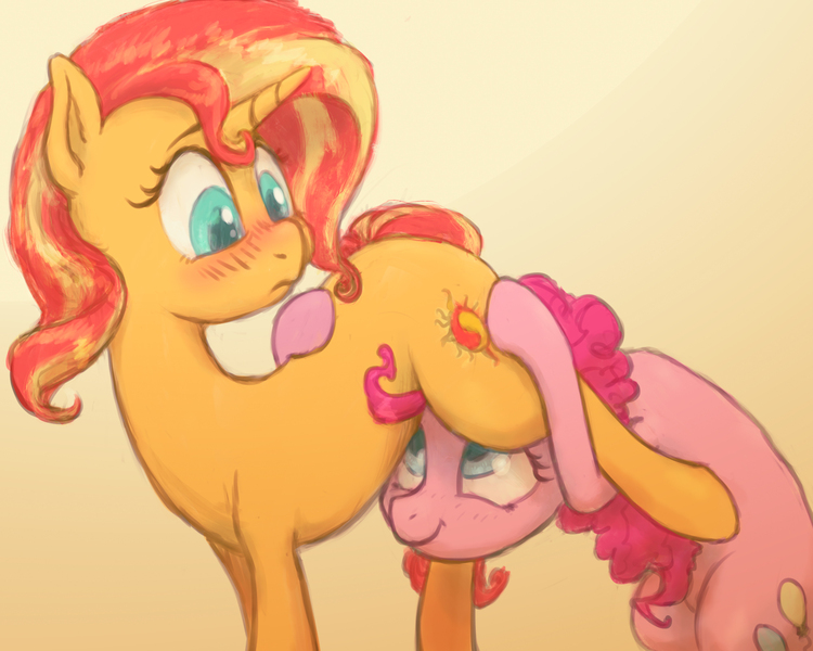 Size: 2500x2000 | Tagged: suggestive, artist:plotcore, derpibooru import, pinkie pie, sunset shimmer, earth pony, pony, unicorn, blushing, butt touch, cutie mark, female, hoof on butt, horn, implied crotchboobs, lesbian, looking back, mare, molestation, pinkie loves bacon bits, shipping, simple background, smiling, sunsetpie