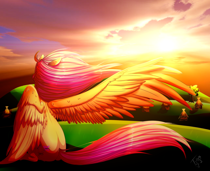 Size: 1024x835 | Tagged: safe, artist:amai-aji, derpibooru import, fluttershy, pegasus, pony, back, female, large wings, mare, solo, spread wings, sunrise, windswept mane, wings