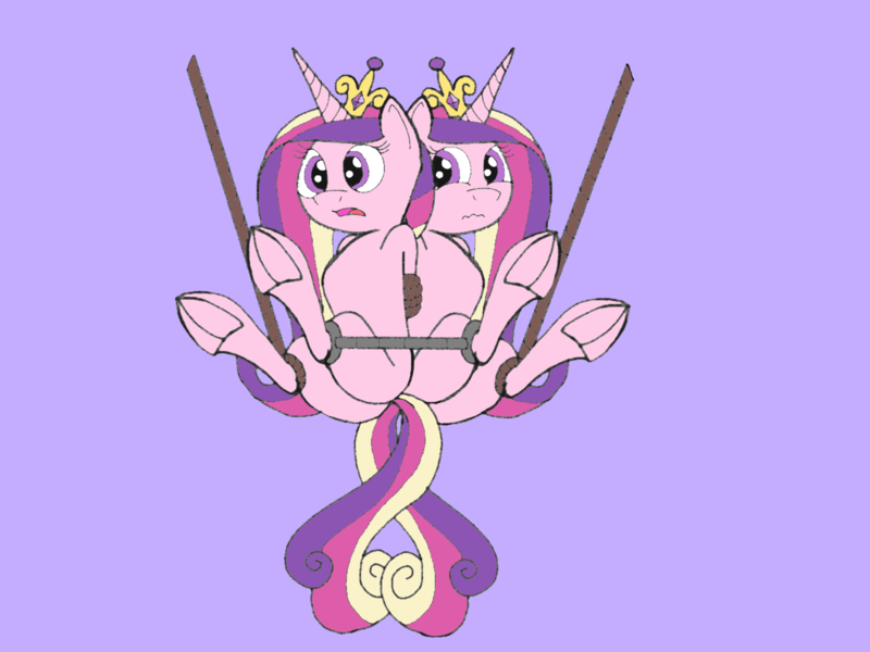 Size: 1280x960 | Tagged: suggestive, artist:darkknighthoof, artist:icey-wicey-1517, derpibooru import, princess cadance, queen chrysalis, alicorn, pony, arm behind back, bondage, colored, commission, crown, disguise, disguised changeling, duality, fake cadance, female, females only, femsub, fetish, frog (hoof), hoof fetish, hooves, intertwined tails, jewelry, mare, nervous, open mouth, purple background, regalia, rope, rope bondage, simple background, spreader bar, submissive, suspended, underhoof, wip