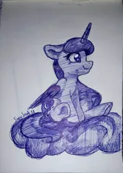 Size: 1706x2382 | Tagged: safe, artist:shadowreindeer, derpibooru import, princess luna, alicorn, pony, ballpoint pen, cloud, cute, drawing, female, ink drawing, mare, monochrome, moon, simple background, sitting, solo, traditional art, white background