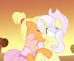 Size: 1252x1036 | Tagged: safe, artist:starfalldawn, derpibooru import, applejack, lily lace, earth pony, pony, unicorn, alternate hairstyle, apple, apple tree, applelace, blushing, clothes, cowboy hat, dress, female, food, hat, hug, kissing, lesbian, mare, shipping, surprised, tree