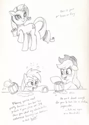 Size: 944x1324 | Tagged: safe, artist:friendshipishorses, derpibooru import, applejack, rainbow dash, rarity, pony, appledash, blushing, cider, drunk, drunk aj, drunker dash, female, lesbian, monochrome, mug, shipping, tankard, this is your brain on drugs, traditional art