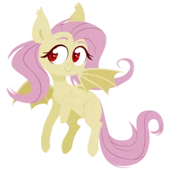 Size: 2299x2370 | Tagged: safe, artist:belka-sempai, derpibooru import, fluttershy, bat pony, pony, bat wings, fangs, female, flutterbat, flying, head turn, hooves, lineless, looking at you, looking sideways, mare, missing cutie mark, race swap, red eyes, simple background, smiling, solo, spread wings, transparent background, wings