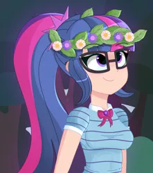 Size: 1706x1934 | Tagged: dead source, safe, artist:pastelhorses, derpibooru import, sci-twi, twilight sparkle, equestria girls, equestria girls series, stressed in show, stressed in show: fluttershy, bow, clothes, cute, floral head wreath, flower, geode of telekinesis, glasses, human coloration, magical geodes, redraw, smiling, solo, twiabetes