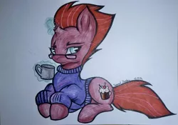 Size: 2157x1511 | Tagged: safe, artist:shadowreindeer, derpibooru import, fizzlepop berrytwist, tempest shadow, pony, my little pony: the movie, clothes, food, glasses, glowing horn, magic, prone, solo, sweater, tea, telekinesis, traditional art