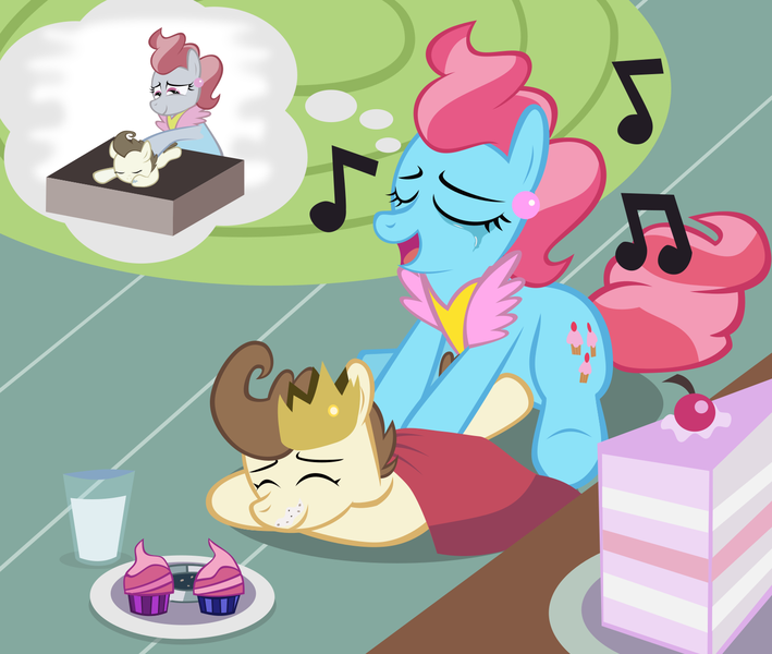 Size: 1500x1269 | Tagged: safe, artist:magerblutooth, derpibooru import, cup cake, pound cake, earth pony, pegasus, pony, cake, crown, crying, cupcake, cute, cute cake, daaaaaaaaaaaw, female, food, glass, hnnng, jewelry, male, milk, mother and son, older, plate, poundabetes, regalia, singing, sugarcube corner, table, tears of joy, thought bubble