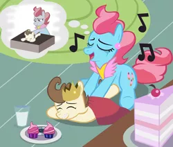 Size: 1500x1269 | Tagged: safe, artist:magerblutooth, derpibooru import, cup cake, pound cake, earth pony, pegasus, pony, cake, crown, crying, cupcake, cute, cute cake, daaaaaaaaaaaw, female, food, glass, hnnng, jewelry, male, milk, mother and son, older, plate, poundabetes, regalia, singing, sugarcube corner, table, tears of joy, thought bubble