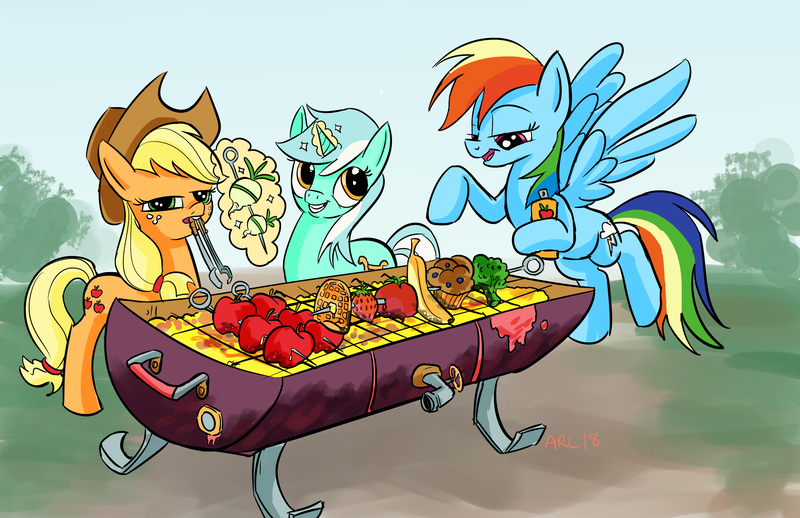 Size: 2448x1584 | Tagged: safe, artist:lytlethelemur, derpibooru import, applejack, lyra heartstrings, rainbow dash, earth pony, pegasus, pony, unicorn, apple, banana, barbeque, broccoli, food, levitation, magic, muffin, onion, shishkebab, strawberry, telekinesis, that pony sure does love apples, tomato, tongs, waffle