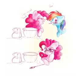 Size: 5000x5000 | Tagged: safe, artist:pinkablue, derpibooru import, pinkie pie, rainbow dash, earth pony, pegasus, pony, absurd resolution, blushing, bowl, comic, cute, dialogue, egg, eyes closed, female, flour, lesbian, mare, mouth hold, pinkiedash, raised hoof, shipping, smiling, spoon