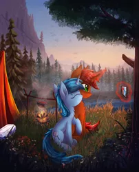 Size: 2615x3238 | Tagged: safe, artist:atlas-66, derpibooru import, oc, oc:rayven, unofficial characters only, pony, unicorn, campfire, couple, female, forest, glowing horn, lake, magic, male, mobile phone, oc x oc, phone, scenery, selfie, shipping, smiling, straight, tent, tree