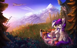 Size: 3621x2234 | Tagged: safe, artist:atlas-66, derpibooru import, oc, oc:herpy, oc:swirple, unofficial characters only, pegasus, pony, unicorn, basket, cliff, color porn, commission, eyestrain warning, female, forest, grass, male, mare, mountain, oc x oc, picnic basket, picnic blanket, plane, scenery, scenery porn, scp foundation, shipping, sky, smiling, stallion, straight, tree