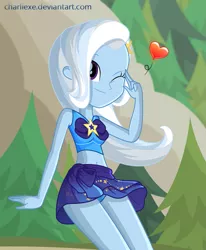 Size: 1003x1219 | Tagged: safe, artist:charliexe, derpibooru import, trixie, equestria girls, equestria girls series, forgotten friendship, adorasexy, beach, belly button, blue swimsuit, bow swimsuit, breasts, clothes, cute, diatrixes, female, heart, midriff, moe, one eye closed, pose, sarong, sexy, skirt, skirt lift, solo, swimsuit, upskirt, wink