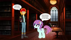 Size: 1500x850 | Tagged: safe, artist:mytri-atari, derpibooru import, sunny flare, sunset shimmer, ponified, pony, equestria girls, friendship games, book, bookshelf, chandelier, equestria girls ponified, equestria guys, fireplace, library, male, rule 63, shipping, sunnyglare, sunset glare, table, window