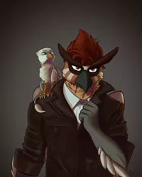 Size: 2400x3000 | Tagged: safe, artist:scruffasus, derpibooru import, oc, oc:der, unofficial characters only, gryphon, clothes, duo, furry, jacket, male, micro