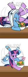 Size: 596x1604 | Tagged: safe, artist:dekomaru, derpibooru import, trixie, twilight sparkle, pony, unicorn, tumblr:ask twixie, ask, comic, cropped, female, food, ice cream, lesbian, revenge, shipping, slipping, tumblr, twixie