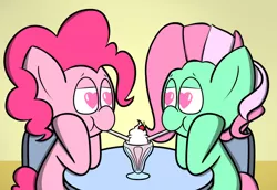 Size: 1074x738 | Tagged: artist:techreel, derpibooru import, female, food, g3, heart eyes, lesbian, mare, minty, mintypie, pinkie pie, safe, sharing a drink, shipping, sundae, wingding eyes, ych result