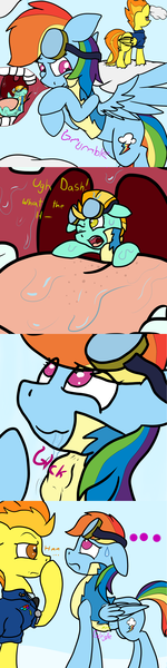 Size: 1250x4997 | Tagged: grimdark, questionable, artist:undercoverpone, derpibooru import, lightning dust, rainbow dash, spitfire, pegasus, pony, ..., clothes, comic, female, fetish, goggles, mare, micro, oral vore, preddash, shrunk, soft vore, stomach noise, swallowing, throat bulge, uniform, vore, wonderbolts, wonderbolts uniform