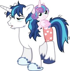 Size: 8197x8359 | Tagged: safe, artist:chrzanek97, artist:sollace, derpibooru import, edit, editor:slayerbvc, princess flurry heart, shining armor, alicorn, pony, unicorn, absurd resolution, baby, baby pony, bed mane, boxers, clothes, diaperless edit, father and daughter, female, filly, foal, heart, heart print underwear, lidded eyes, male, morning ponies, ponies riding ponies, riding, simple background, sleepy, slippers, stallion, stubble, tired, transparent background, underwear, unshorn fetlocks