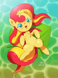 Size: 1692x2268 | Tagged: safe, artist:branewashpv, derpibooru import, sunset shimmer, pony, unicorn, blushing, chest fluff, cute, featureless crotch, female, floating, leaf, looking at you, mare, shimmerbetes, solo, water