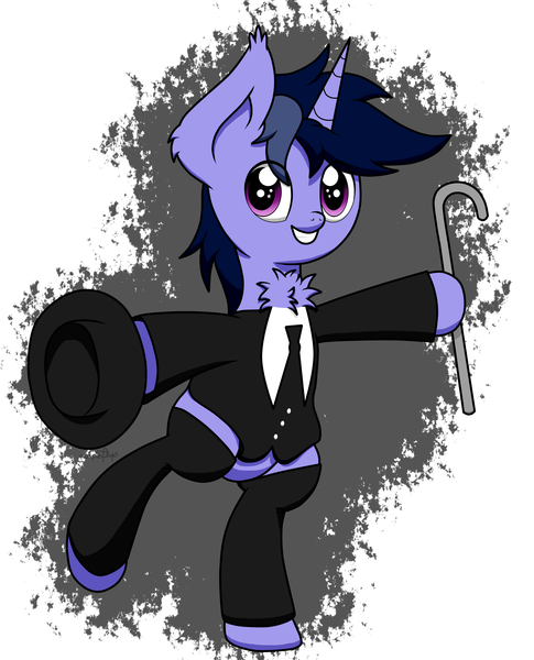 Size: 1736x2148 | Tagged: safe, artist:kimjoman, derpibooru import, oc, oc:purple flix, unofficial characters only, pony, accessories, bipedal, cane, chest fluff, clothes, cute, ear fluff, fancy suit, hat, hoof hold, looking at you, male, necktie, solo, suit