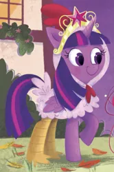 Size: 807x1214 | Tagged: alicorn, an egg-cellent costume party, animal costume, artist:leire martin, big crown thingy, chicken suit, clothes, costume, cropped, derpibooru import, jewelry, little golden book, regalia, safe, solo, twilight sparkle, twilight sparkle (alicorn)