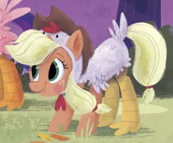 Size: 687x567 | Tagged: an egg-cellent costume party, animal costume, applejack, artist:leire martin, chicken jack, chicken suit, clothes, costume, cropped, derpibooru import, little golden book, safe, solo