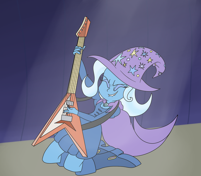 Size: 1600x1400 | Tagged: safe, artist:pavlovzdawg, derpibooru import, trixie, equestria girls, rainbow rocks, bad guitar anatomy, cape, clothes, guitar, hat, lip bite, smiling, solo, stage, trixie's cape, trixie's hat, vest, waistcoat