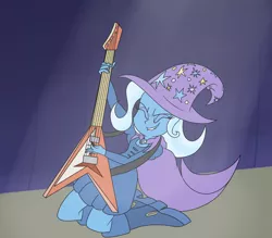 Size: 1600x1400 | Tagged: safe, artist:pavlovzdawg, derpibooru import, trixie, equestria girls, rainbow rocks, bad guitar anatomy, cape, clothes, guitar, hat, lip bite, smiling, solo, stage, trixie's cape, trixie's hat, vest, waistcoat