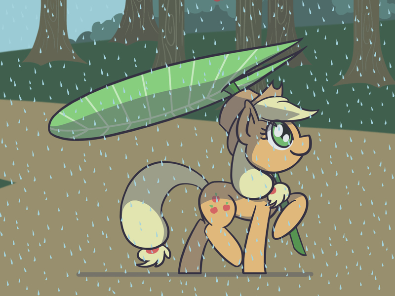 Size: 1800x1350 | Tagged: safe, artist:flutterluv, derpibooru import, applejack, earth pony, pony, cowboy hat, cute, female, hat, hoof hold, jackabetes, leaf, leaf umbrella, mare, profile, rain, smiling, solo, stetson, tree, walking