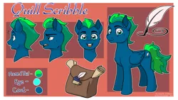 Size: 2400x1350 | Tagged: safe, artist:latecustomer, derpibooru import, oc, oc:quill scribble, unofficial characters only, pegasus, pony, bag, chest fluff, cutie mark, lidded eyes, looking at you, male, open mouth, reference sheet, scroll, smiling, solo, stallion