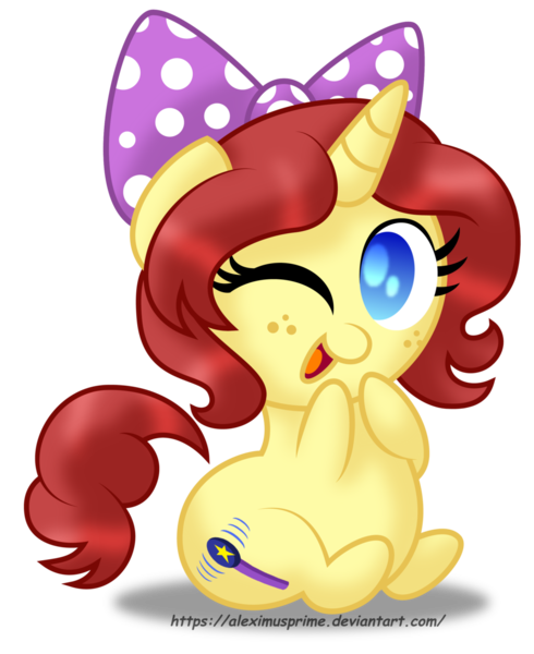 Size: 1024x1255 | Tagged: safe, artist:aleximusprime, derpibooru import, oc, oc:eilemonty, unofficial characters only, pony, unicorn, bow, chibi, chubby, cute, diabetes, eilemonty, female, freckles, looking at you, mare, one eye closed, plump, ponysona, simple background, solo, transparent background, wink