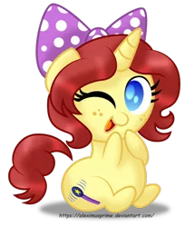 Size: 1024x1255 | Tagged: safe, artist:aleximusprime, derpibooru import, oc, oc:eilemonty, unofficial characters only, pony, unicorn, bow, chibi, chubby, cute, diabetes, eilemonty, female, freckles, looking at you, mare, one eye closed, plump, ponysona, simple background, solo, transparent background, wink