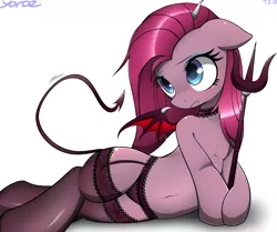 Size: 2271x1900 | Tagged: suggestive, artist:yorozpony, derpibooru import, pinkie pie, earth pony, pony, succubus, adorasexy, clothes, cute, cuteamena, demon wings, devil horns, devil tail, eyeshadow, fangs, female, floppy ears, garter belt, human shoulders, makeup, mare, monster mare, panties, pinkamena diane pie, pitchfork, sexy, simple background, solo, solo female, stockings, thigh highs, underwear, white background