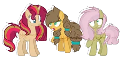 Size: 3075x1476 | Tagged: safe, artist:macaroonburst, derpibooru import, oc, unofficial characters only, earth pony, pegasus, pony, unicorn, magical lesbian spawn, offspring, parent:applejack, parent:caramel, parent:fluttershy, parent:sunset shimmer, parent:thunderlane, parent:twilight sparkle, parents:carajack, parents:sunsetsparkle, parents:thundershy, simple background, transparent background