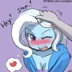 Size: 750x750 | Tagged: safe, artist:lumineko, derpibooru import, trixie, oc, oc:anon, equestria girls, adorasexy, blushing, breasts, busty trixie, cleavage, clothes, cute, dialogue, diatrixes, female, heart, hoodie, jacket, offscreen character, one eye closed, open mouth, petting, pictogram, purple background, sexy, simple background, sweater, tsundere, tsunderixie