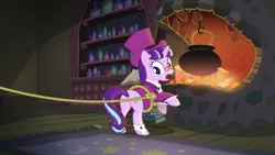 Size: 1280x720 | Tagged: safe, derpibooru import, screencap, snowfall frost, starlight glimmer, pony, unicorn, a hearth's warming tail, book, cauldron, female, fireplace, looking back, mare, plot, rope, solo