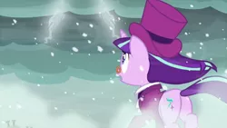 Size: 1280x720 | Tagged: safe, derpibooru import, screencap, snowfall frost, starlight glimmer, pony, unicorn, a hearth's warming tail, female, looking up, mare, plot, snow, snowfall, solo